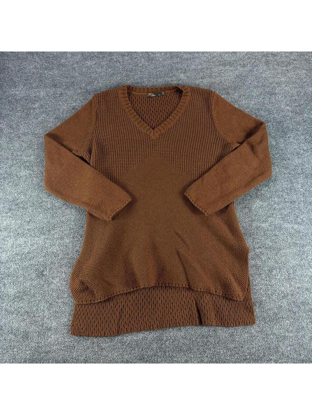 prAna Brown Knit V-Neck Sweater XL High Low Fall Activewear, Cottage, Monochrome